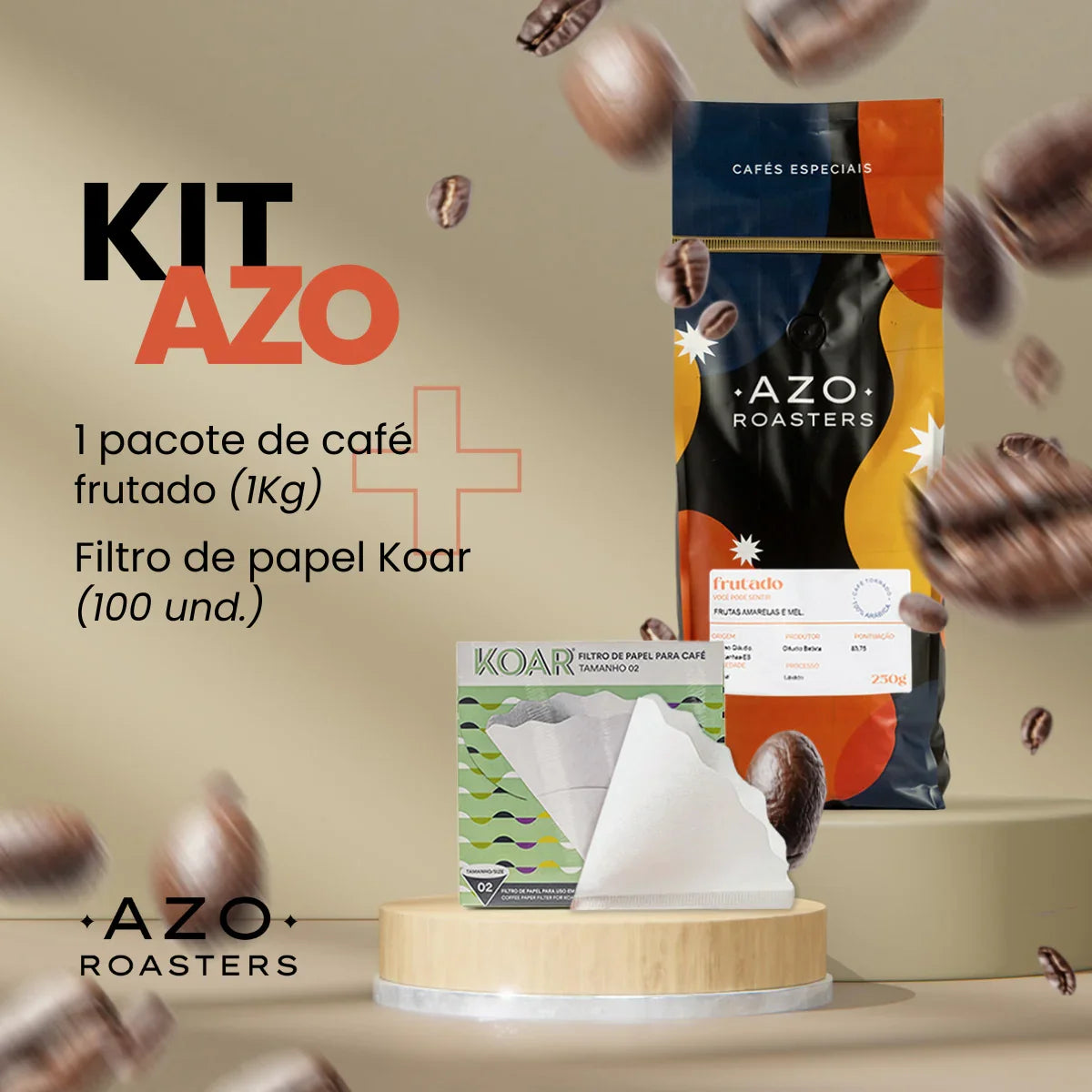 Kit AZO com café frutado 1kg e filtro papel Koar 100 unidades, embalagem colorida e grãos de café